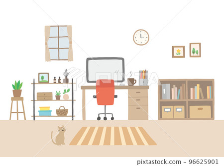 家裡書桌周圍的手繪室內插圖（彩色/無輪廓） 96625901