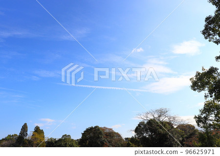 藍天、雲彩、樹木、尾跡 藍天、雲彩、樹木、尾跡 96625971