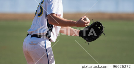 Baseball pitcher ready to pitch in baseball game, college softball player 96626272