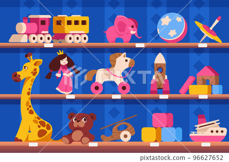 Shelf with toys. Nursery room shelf with colorful wooden train, horse, rocket helicopter ship and bricks. Kindergarten Shelf with toys. Nursery room shelf with colorful wooden train, horse, rocket helicopter ship and bricks. Kindergarten 96627652
