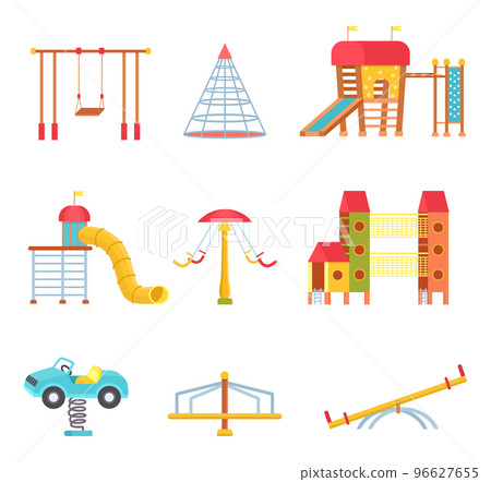 Playground equipment for kids, park for entertainment. Slide, season, swing car for outdoor kindergarten yard Playground equipment for kids, park for entertainment. Slide, season, swing car for outdoor kindergarten yard 96627655