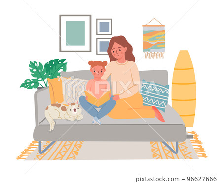 Mother with baby read book. Mom and daughter sitting on sofa and learning to read. Parent and kid spending leisure time 96627666