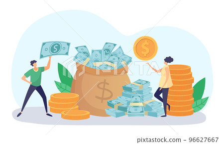 Tiny people putting coins and dollar banknotes into big sack full of money. Man and woman saving or investing cash 96627667