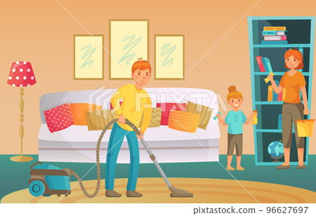 Family housework. People cleaning living room together. Father vacuuming floor, mother and daughter dusting shelf Family housework. People cleaning living room together. Father vacuuming floor, mother and daughter dusting shelf 96627697