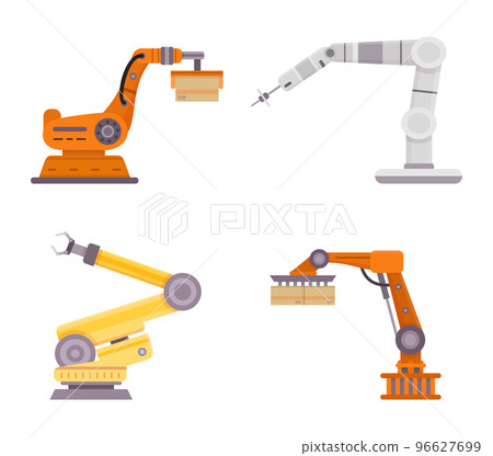 Factory robot arms. Automatic technology for manufacture industry. Mechanic control equipment carrying boxes 96627699