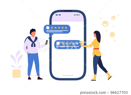 Customer rating. Woman and man giving positive feedback for service. Characters showing satisfaction Customer rating. Woman and man giving positive feedback for service. Characters showing satisfaction 96627703