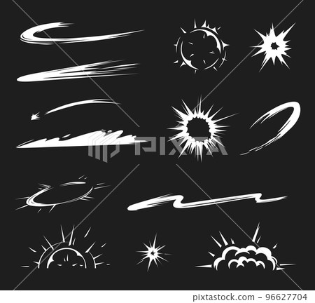 Comic energy explosion. Trace from dynamic movements, running, smash and hit. White dust for game animation asset 96627704