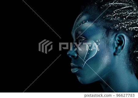 Art photo of Africal woman with tribal ethnic paintings in Avatar style Art photo of Africal woman with tribal ethnic paintings in Avatar style 96627783
