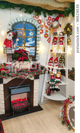 Christmas and New Year. Festive background with fir branches? New Year's toys produced 96629036