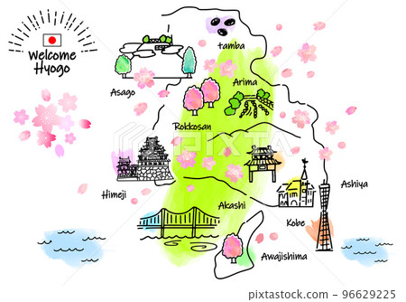 Simple line drawing illustration map of tourist spots in Hyogo Prefecture in spring (green) 96629225