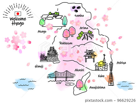 春季兵庫縣旅遊景點簡筆劃插畫圖（粉色） 96629226
