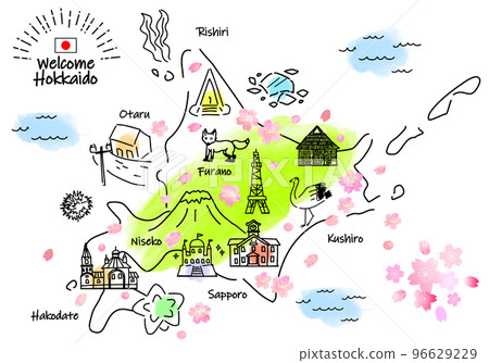 春季北海道旅遊景點簡筆劃插畫圖（綠色） 96629229