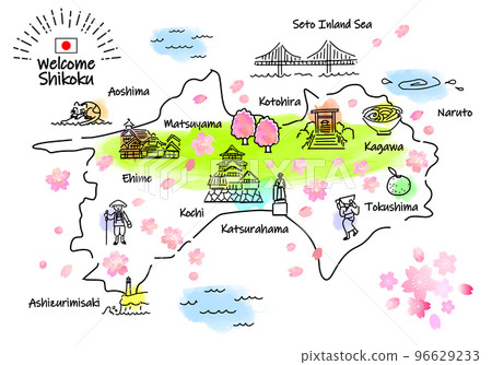 Simple line drawing illustration map of Shikoku's tourist spots in spring (green) 96629233