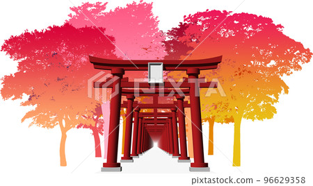 The sight of the red torii gates of the shrine is beautiful. background transparent illustration 96629358
