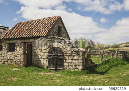 old abandoned shell house with roof tiles in Ukraine old abandoned shell house with roof tiles in Ukraine 96629819