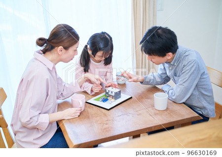 一家人邊看獨立屋模型邊討論 96630169