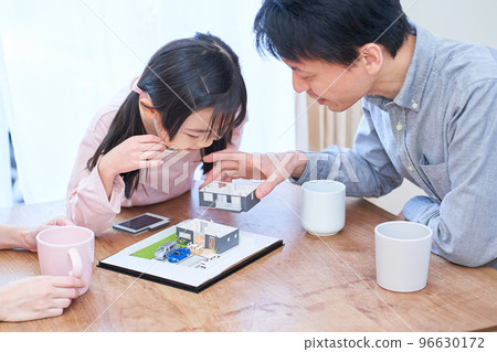 一家人邊看獨立屋模型邊討論 一家人邊看獨立屋模型邊討論 96630172