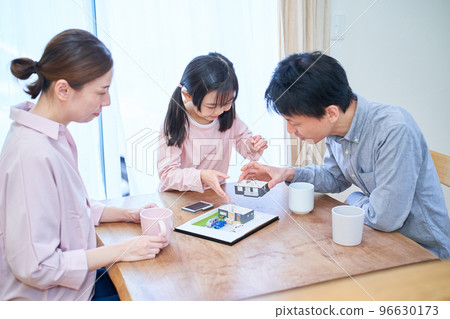 一家人邊看獨立屋模型邊討論 一家人邊看獨立屋模型邊討論 96630173