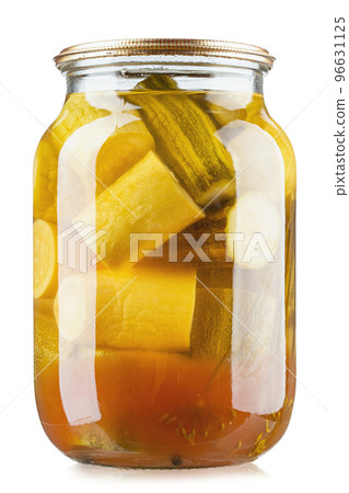 Jar of canned zucchini, isolated on white background, full depth of field 96631125