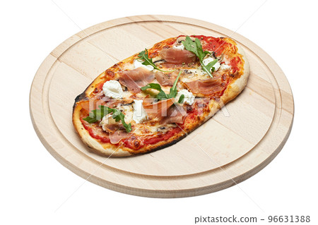 Delicious pizza served on wooden plate isolated on white background. File contains clipping path. 96631388