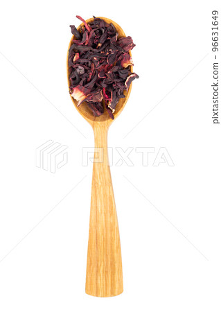 Karkade tea. Hibiscus tea leaves in wooden spoon isolated on white background Karkade tea. Hibiscus tea leaves in wooden spoon isolated on white background 96631649