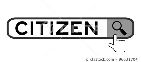 Search banner in word citizen with hand over magnifier icon on white background 96631704