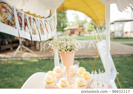 Baby birthday. French macaroons on a cake stand .Candy bar with macaron, cakes, cheesecakes, cake pops. Baby birthday. French macaroons on a cake stand .Candy bar with macaron, cakes, cheesecakes, cake pops. 96632117