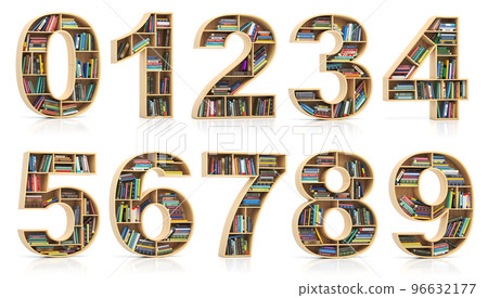 Set of numbers in form of bookshelf with book and texbooks. Educational and learning conceptual font and alphabet. 96632177