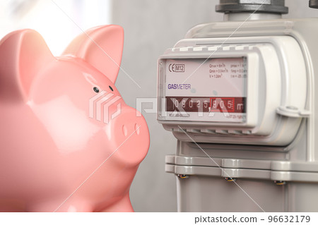 Piggybank and gas meter. Saving natural gas, energy costs and energy efficiency concept. Piggybank and gas meter. Saving natural gas, energy costs and energy efficiency concept. 96632179