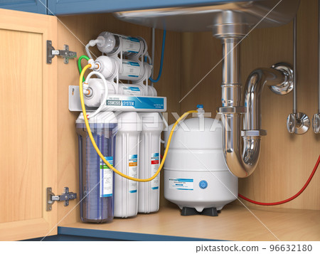 Reverse osmosis water purification system under sink in a kitchen.  Water cleaning system installation. 96632180