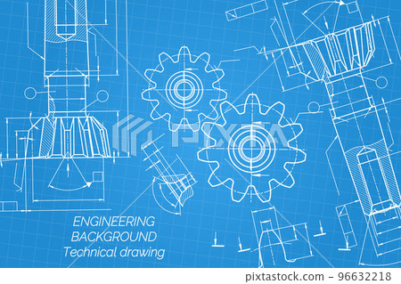 Mechanical engineering drawings on blue background. Tap tools, borer. Technical Design. Cover. Blueprint. Vector illustration. 96632218
