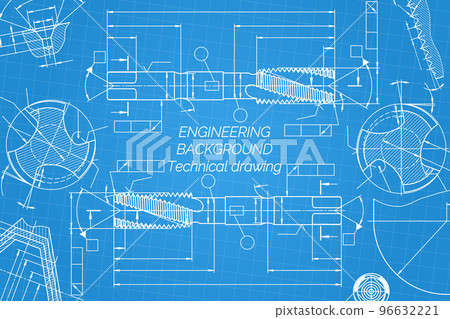 Mechanical engineering drawings on blue background. Tap tools, borer. Technical Design. Cover. Blueprint. Vector illustration. 96632221
