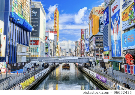 Ebisubashi Bridge over Dotonbori, Osaka Prefecture and a huge neon sign 96632455