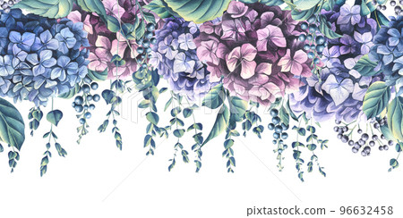 Hydrangea flowers, eucalyptus branches and decorative berries. Horizontal seamless banner. Watercolor illustration from the WEDDING FLOWERS collection. For the design and design of printing Hydrangea flowers, eucalyptus branches and decorative berries. Horizontal seamless banner. Watercolor illustration from the WEDDING FLOWERS collection. For the design and design of printing 96632458