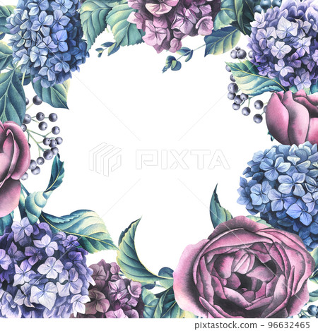 A frame of rose and hydrangea flowers with decorative berries and eucalyptus branches. Watercolor illustration. Letterhead from the collection of WEDDING FLOWERS. For decoration and design of printing 96632465