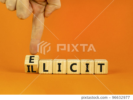 Illicit or elicit symbol. Businessman turns wooden cubes and changes the concept word Illicit to Elicit. Beautiful orange table orange background. Business illicit or elicit concept. Copy space. Illicit or elicit symbol. Businessman turns wooden cubes and changes the concept word Illicit to Elicit. Beautiful orange table orange background. Business illicit or elicit concept. Copy space. 96632977