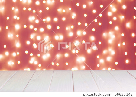 Abstract background, mockup. Defocused red lights bokeh and white wooden surface 96633142