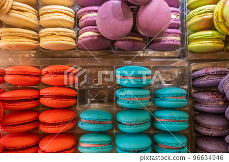 Tasty colorful macaroons from above on a pastry Tasty colorful macaroons from above on a pastry 96634946