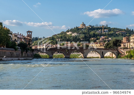 Hills of Verona with lake and bridge in the foreground Hills of Verona with lake and bridge in the foreground 96634974
