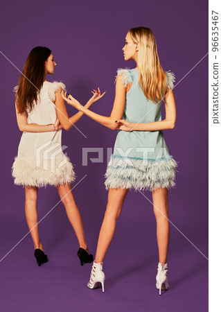 Professional photo of two young women, blonde and brunette, in cocktail dresses posing on purlpe background Professional photo of two young women, blonde and brunette, in cocktail dresses posing on purlpe background 96635467