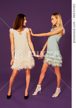 Professional photo of two young women, blonde and brunette, in cocktail dresses posing on purlpe background Professional photo of two young women, blonde and brunette, in cocktail dresses posing on purlpe background 96635481