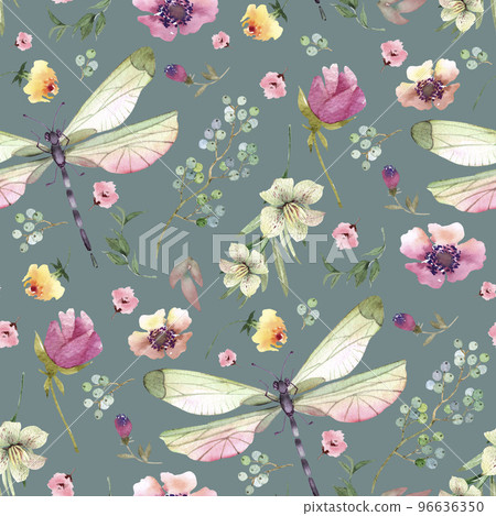 Seamless pattern with delicate flowers, plants and dragonflies. watercolor illustration .	 96636350