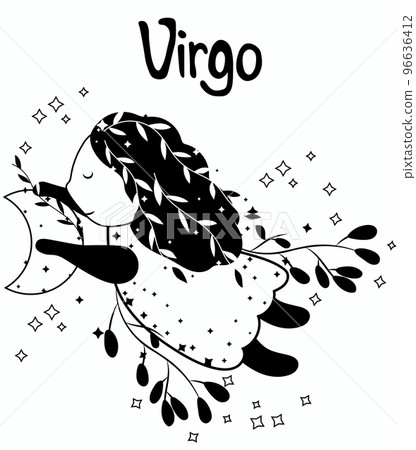 Black and white Virgo astrological sign. Cute Zodiac sign with colorful leaves and stars around. Cute Virgo perfect for posters, logo, cards. Vector illustration 96636412