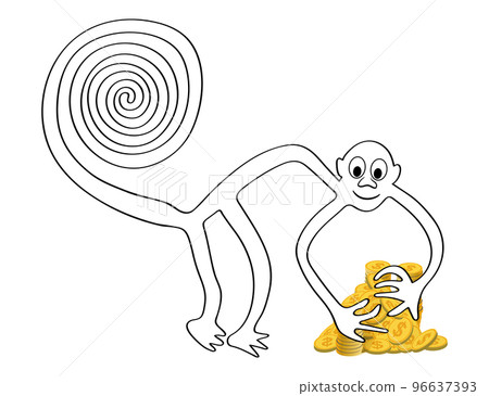 Monkey with a pile of golden coins 96637393