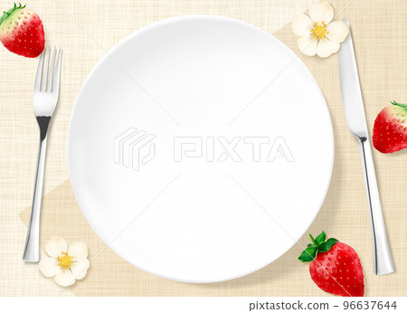 草莓和鮮花散落在米色亞麻質地的白色盤子、刀叉背景插圖素材上 96637644