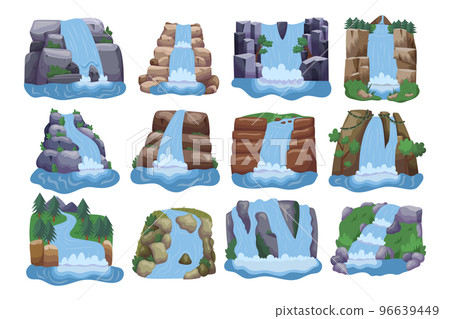 Set Of Waterfall Cascades, Natural Water Streams Falling From Mountain Cliff. Beautiful River Jets Isolated On White Set Of Waterfall Cascades, Natural Water Streams Falling From Mountain Cliff. Beautiful River Jets Isolated On White 96639449