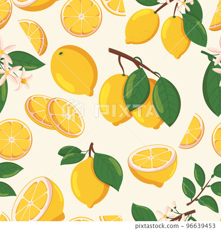Seamless Pattern with Lemons on White Background. Sliced and Whole Citrus Fruits Blooming Flowers, Branches Seamless Pattern with Lemons on White Background. Sliced and Whole Citrus Fruits Blooming Flowers, Branches 96639453