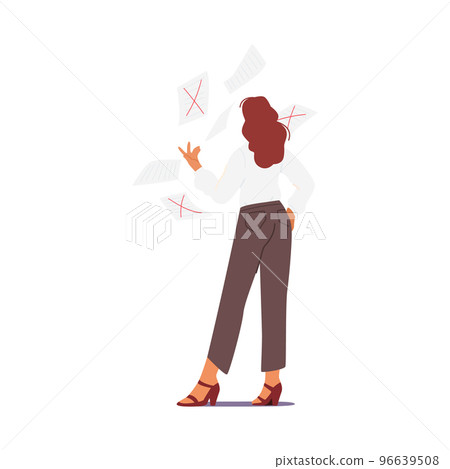 Tired Overloaded Business Woman Throw Out Paper Documents with Red Crosses. Stress at Workplace , Deadline, Burnout Tired Overloaded Business Woman Throw Out Paper Documents with Red Crosses. Stress at Workplace , Deadline, Burnout 96639508