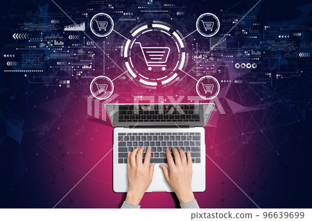 Online shopping theme with person using laptop 96639699