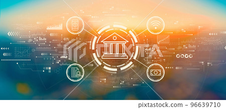 Online banking concept with blurred city at sunset or sunrise 96639710